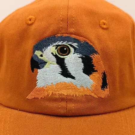 Photo of a falcon's face embroidered on the front of a cap