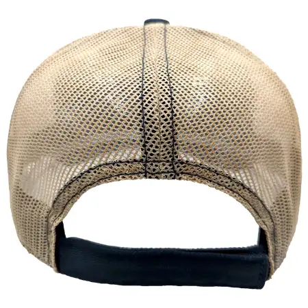 Photo of a mesh cap with a tea stain applied, giving the mesh a slightly weathered rustic appearance