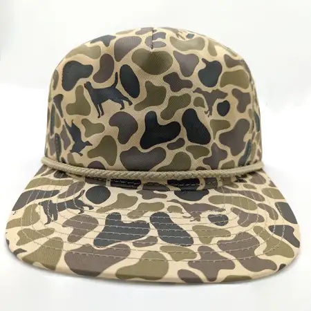 Photo of a bucket hat with a camo pattern screen printed all over it
