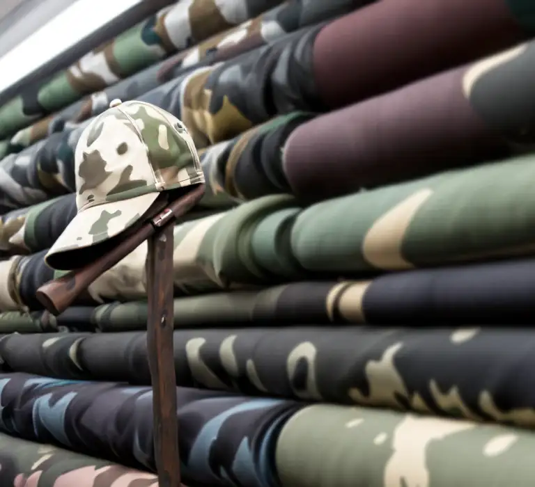 background image of a room packed full of rolls of camo fabric