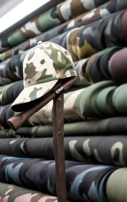background image of a room packed full of rolls of camo fabric