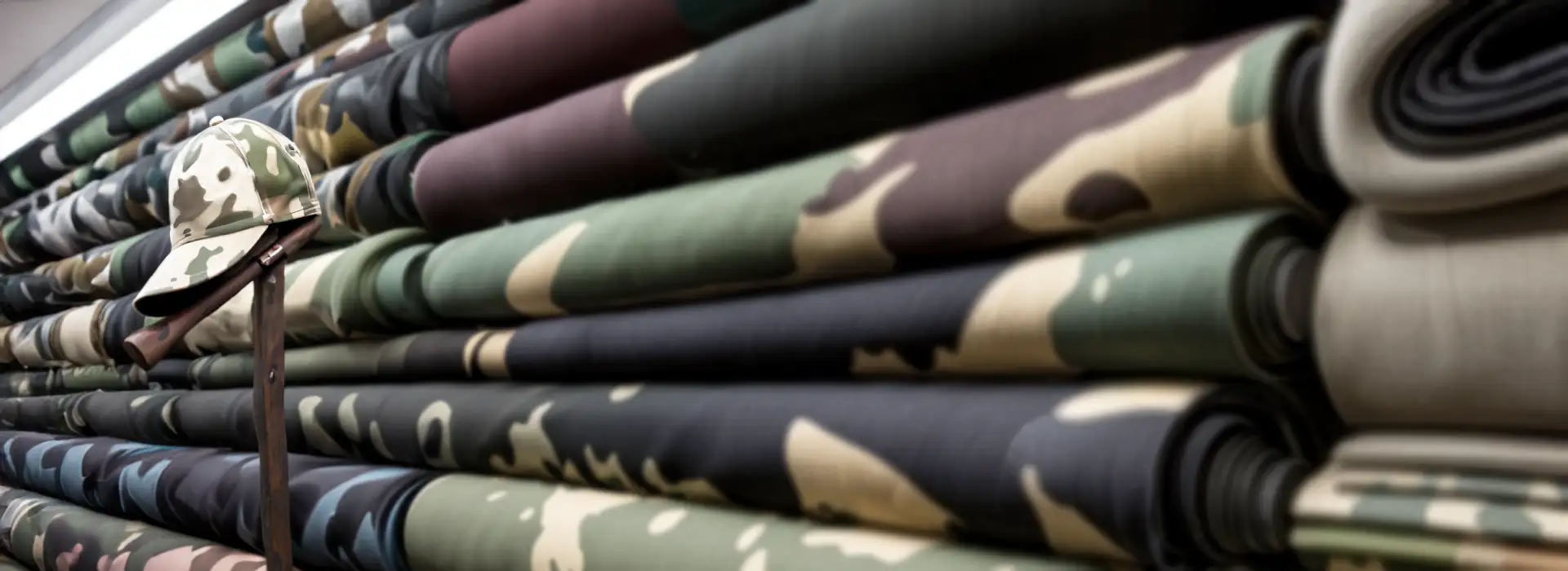 background image of a room packed full of rolls of camo fabric