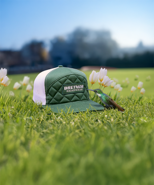 Background image of a cap with a leather patch on a post with hummingbirds hovering around it