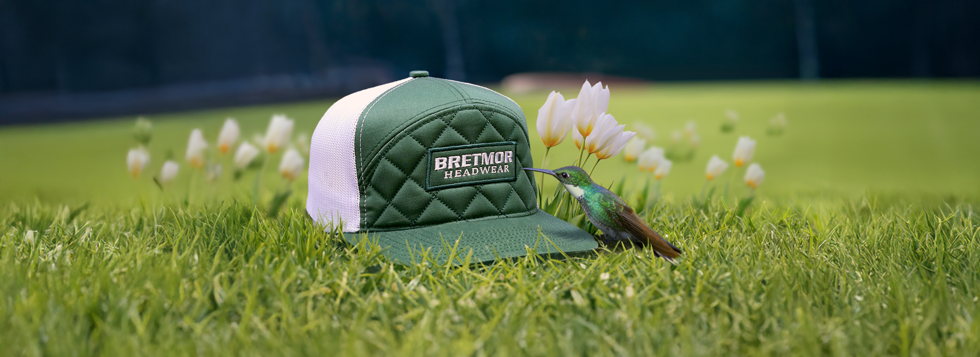 Background image of a cap with a leather patch on a post with hummingbirds hovering around it