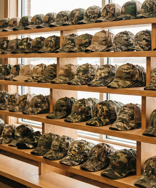 background image of a room packed full of rolls of camo fabric