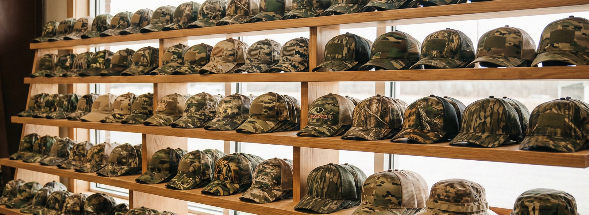 background image of a room packed full of rolls of camo fabric